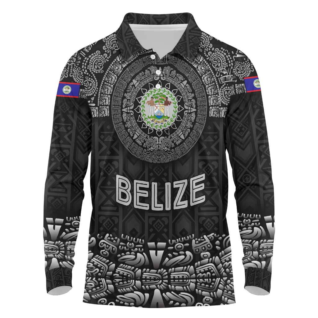 Belize Tribal Pattern Long Sleeve Polo Shirt with National Emblem and Mayan Pyramid Design