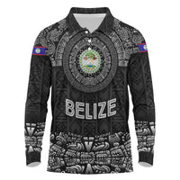 Belize Tribal Pattern Long Sleeve Polo Shirt with National Emblem and Mayan Pyramid Design
