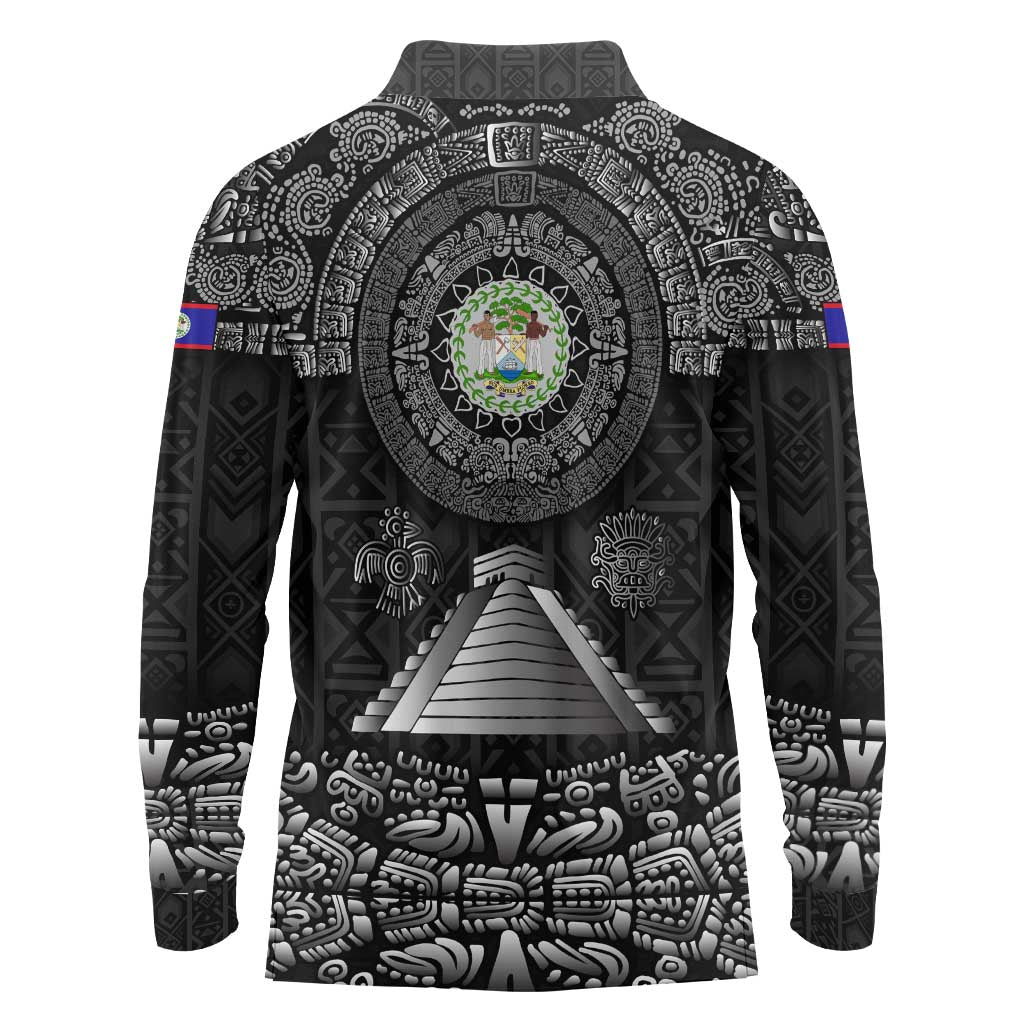 Belize Tribal Pattern Long Sleeve Polo Shirt with National Emblem and Mayan Pyramid Design