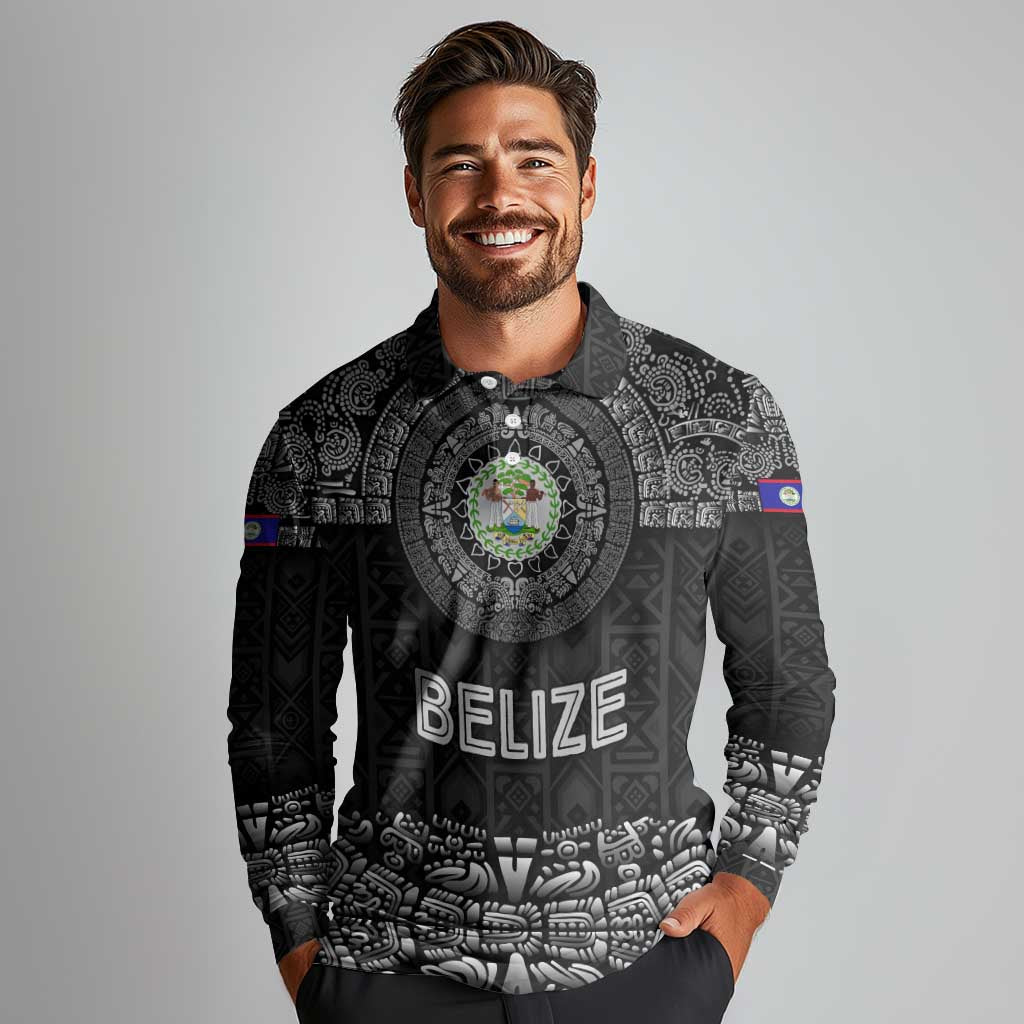 Belize Tribal Pattern Long Sleeve Polo Shirt with National Emblem and Mayan Pyramid Design