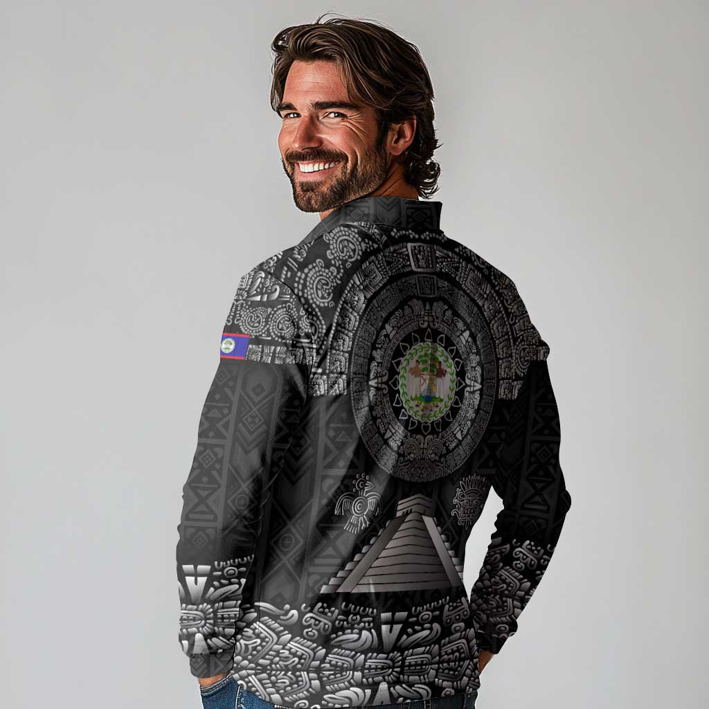 Belize Tribal Pattern Long Sleeve Polo Shirt with National Emblem and Mayan Pyramid Design