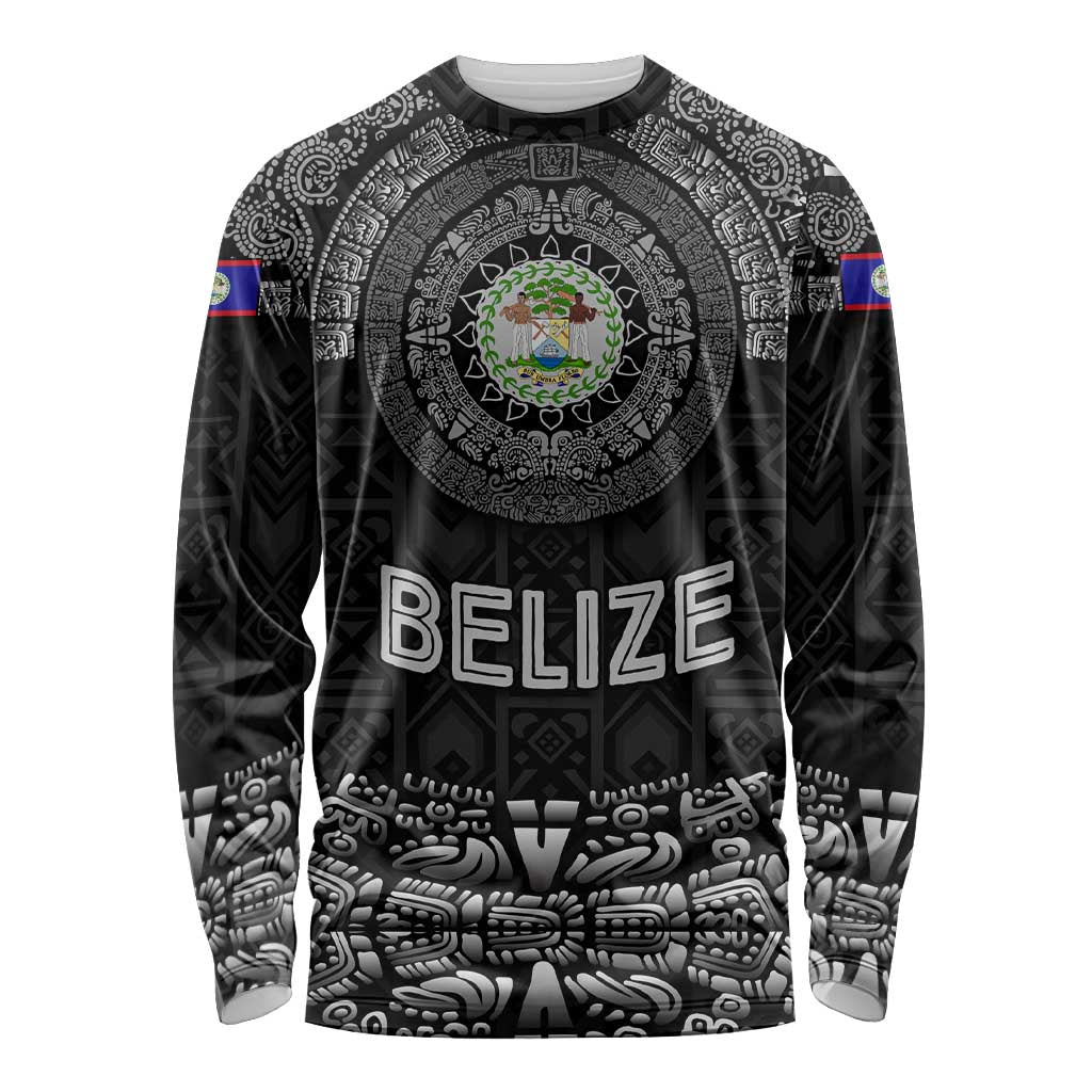 Belize Tribal Pattern Long Sleeve Shirt with National Emblem and Mayan Pyramid Design