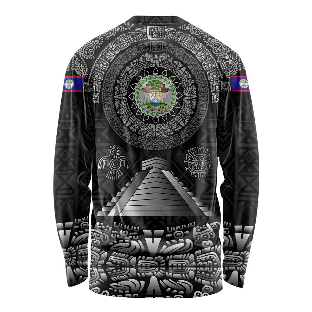 Belize Tribal Pattern Long Sleeve Shirt with National Emblem and Mayan Pyramid Design