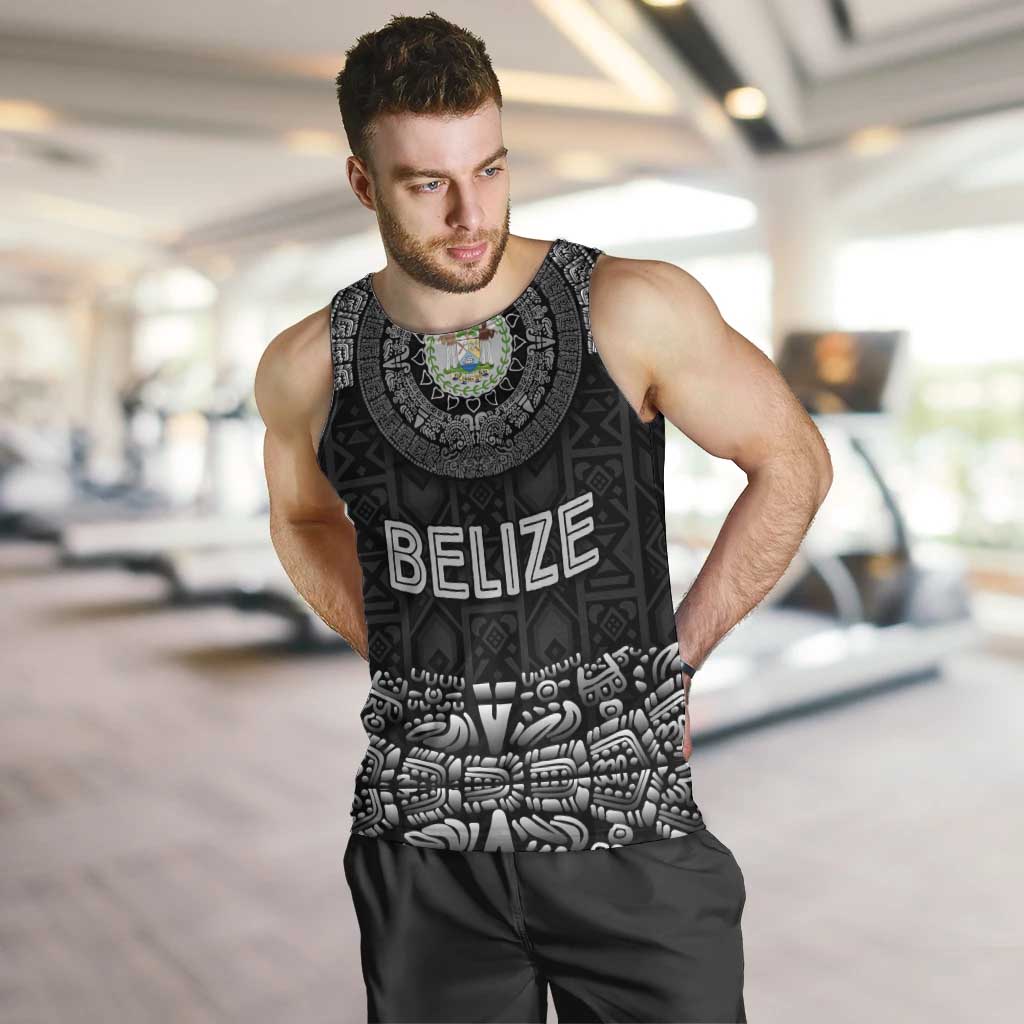 Belize Tribal Pattern Men Tank Top with National Emblem and Mayan Pyramid Design