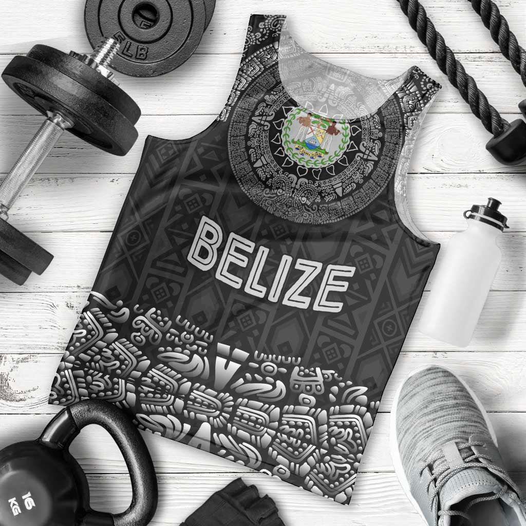 Belize Tribal Pattern Men Tank Top with National Emblem and Mayan Pyramid Design