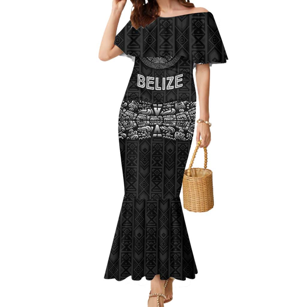 Belize Tribal Pattern Mermaid Dress with National Emblem and Mayan Pyramid Design