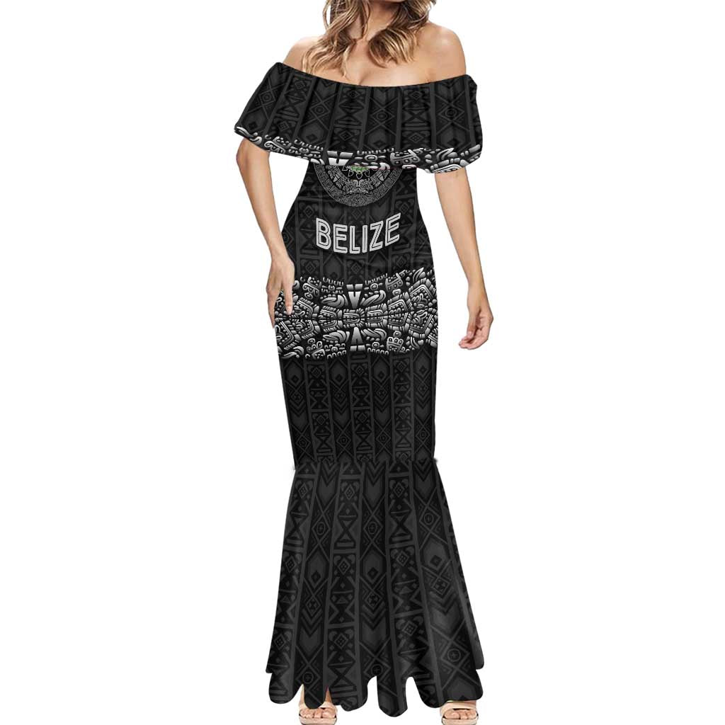 Belize Tribal Pattern Mermaid Dress with National Emblem and Mayan Pyramid Design