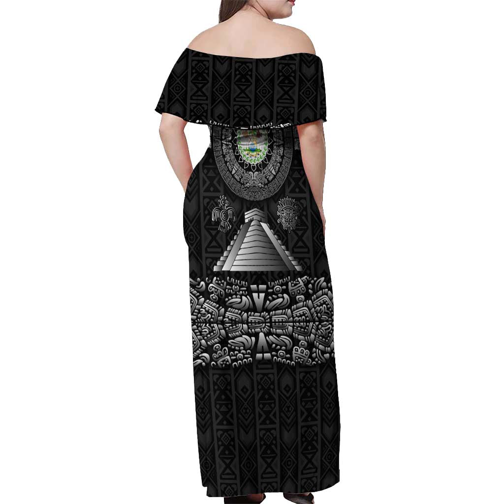 Belize Tribal Pattern Off Shoulder Maxi Dress with National Emblem and Mayan Pyramid Design