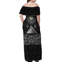 Belize Tribal Pattern Off Shoulder Maxi Dress with National Emblem and Mayan Pyramid Design