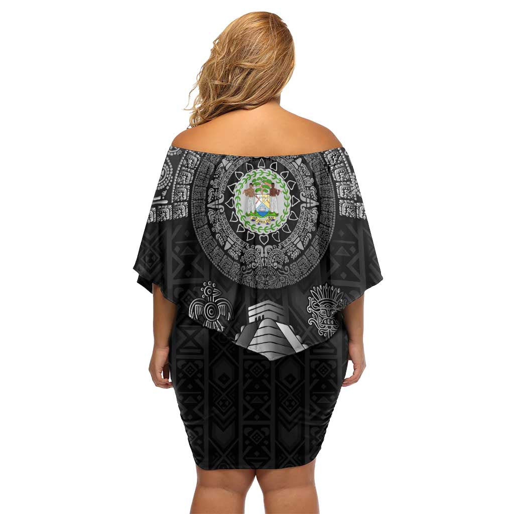 Belize Tribal Pattern Off Shoulder Short Dress with National Emblem and Mayan Pyramid Design
