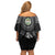 Belize Tribal Pattern Off Shoulder Short Dress with National Emblem and Mayan Pyramid Design