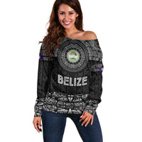 Belize Tribal Pattern Off Shoulder Sweater with National Emblem and Mayan Pyramid Design