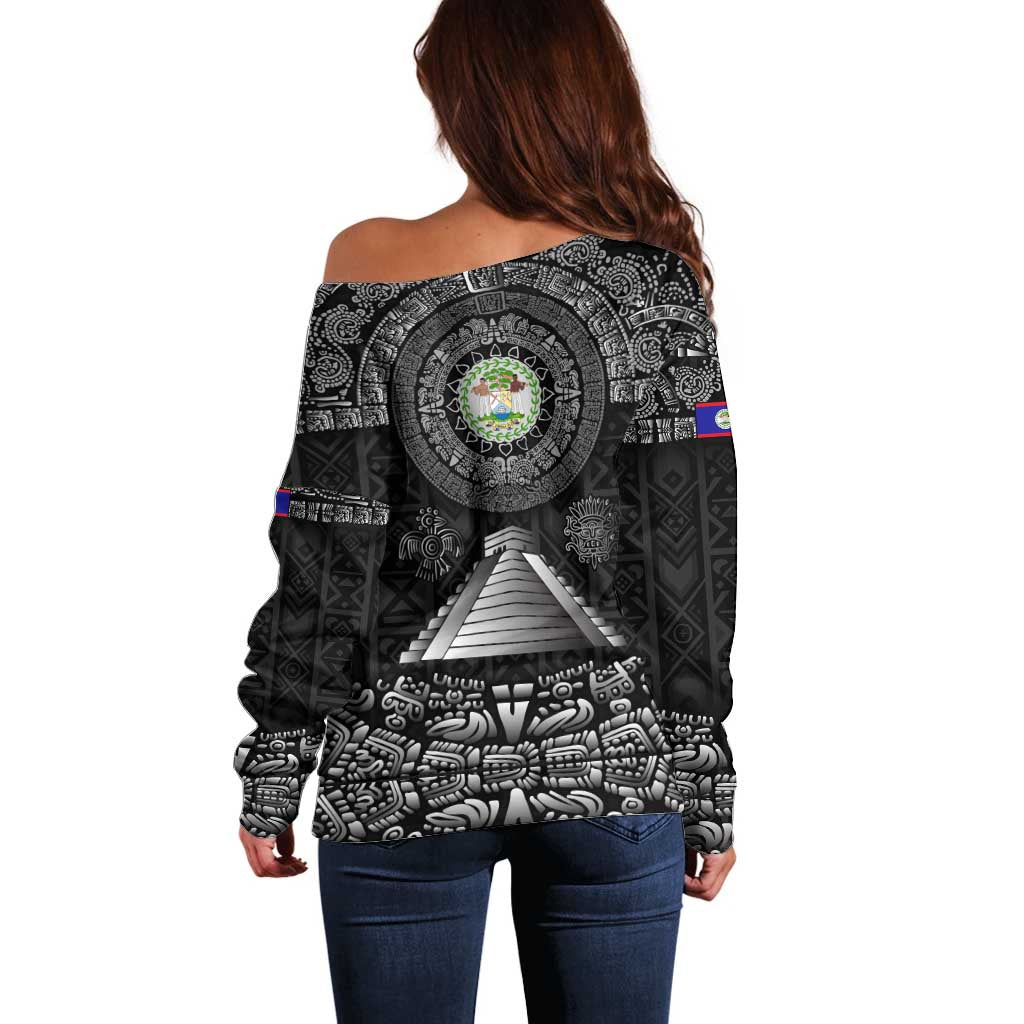 Belize Tribal Pattern Off Shoulder Sweater with National Emblem and Mayan Pyramid Design