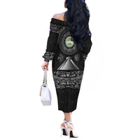 Belize Tribal Pattern Off The Shoulder Long Sleeve Dress with National Emblem and Mayan Pyramid Design