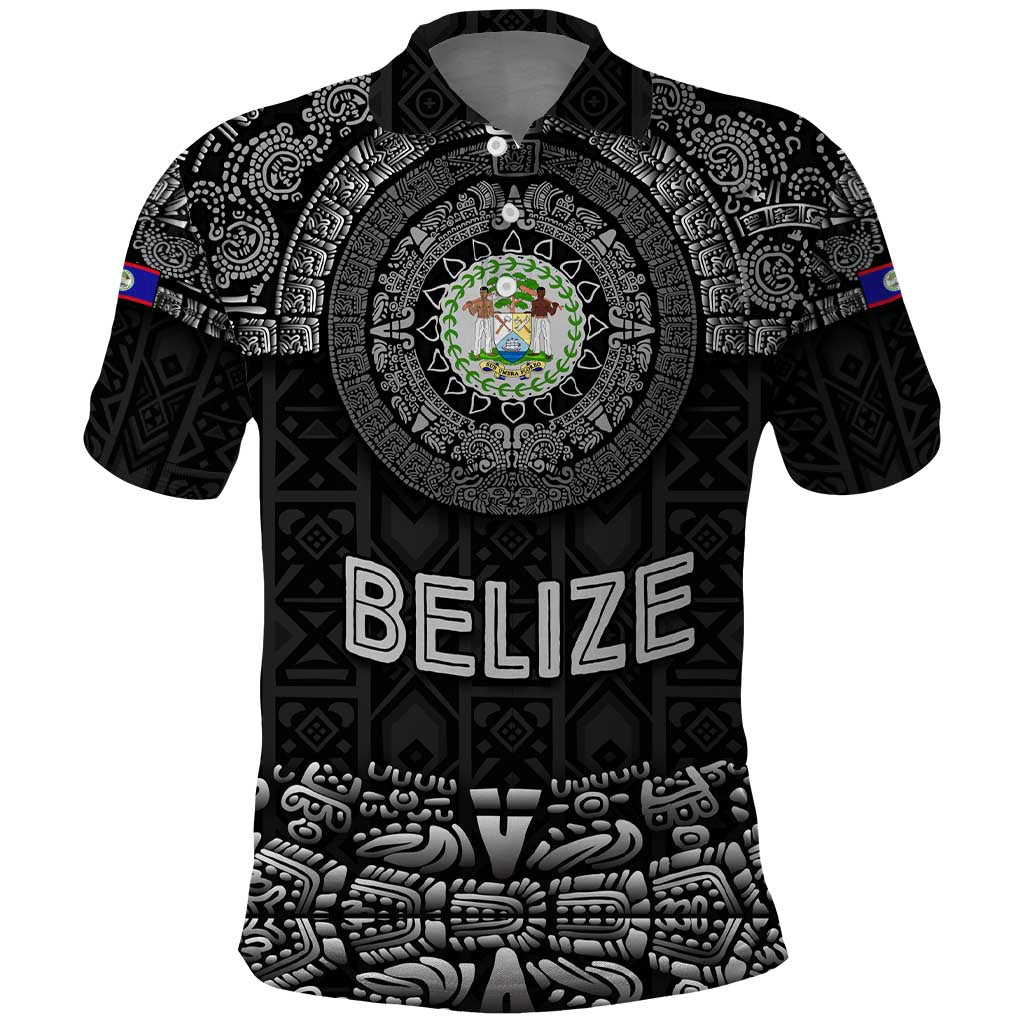 Belize Tribal Pattern Polo Shirt with National Emblem and Mayan Pyramid Design