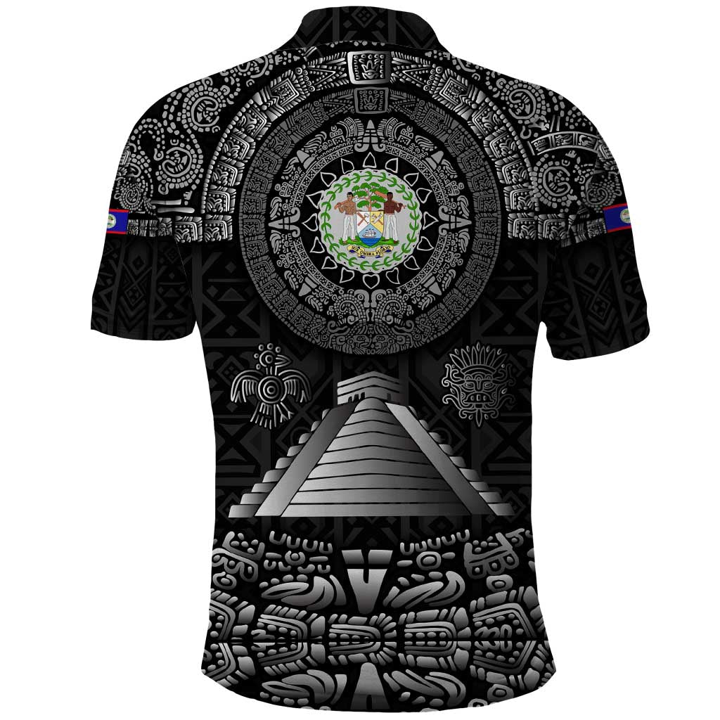 Belize Tribal Pattern Polo Shirt with National Emblem and Mayan Pyramid Design