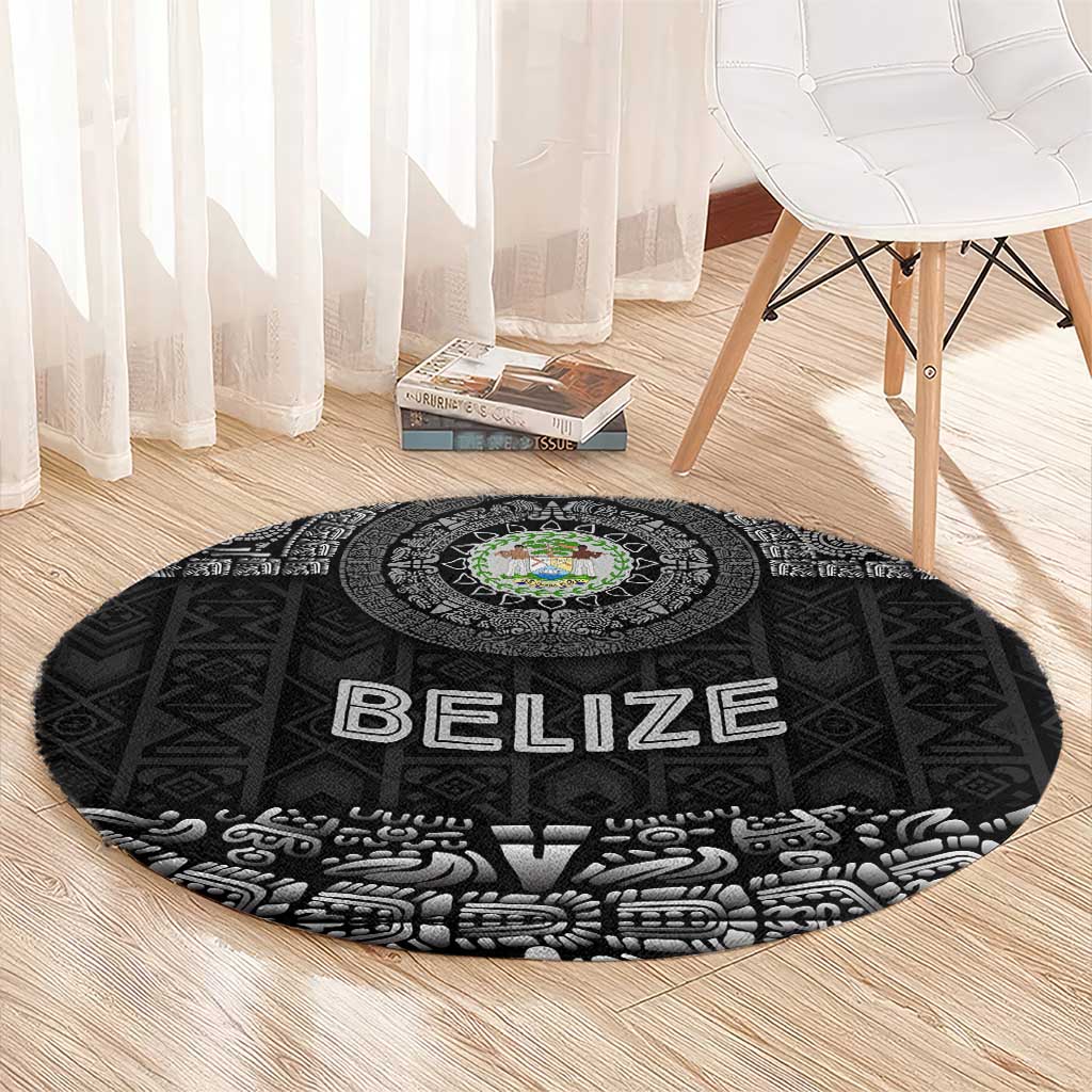 Belize Tribal Pattern Round Carpet with National Emblem and Mayan Pyramid Design