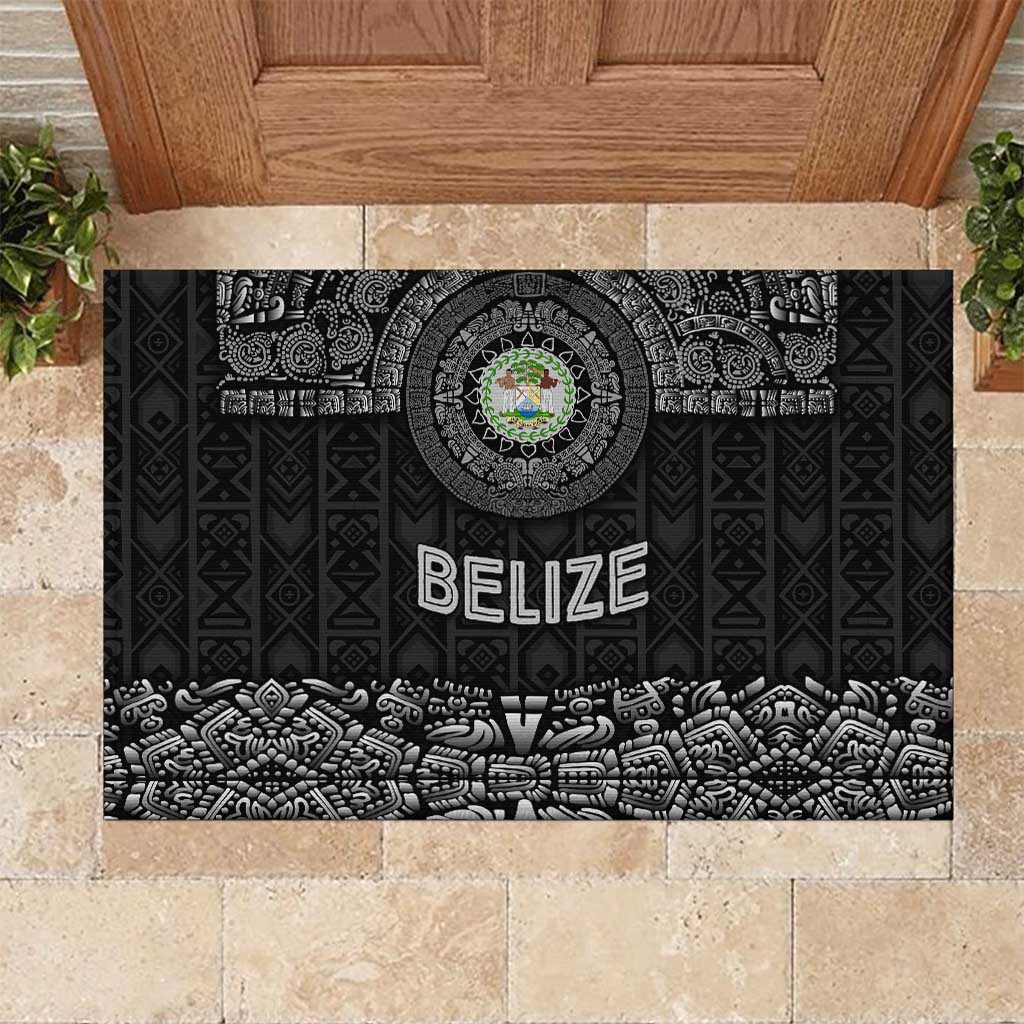Belize Tribal Pattern Rubber Doormat with National Emblem and Mayan Pyramid Design