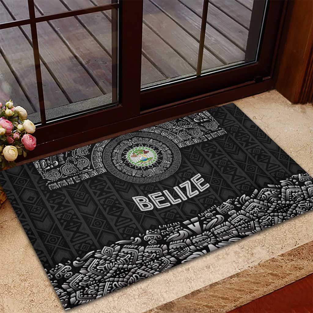 Belize Tribal Pattern Rubber Doormat with National Emblem and Mayan Pyramid Design