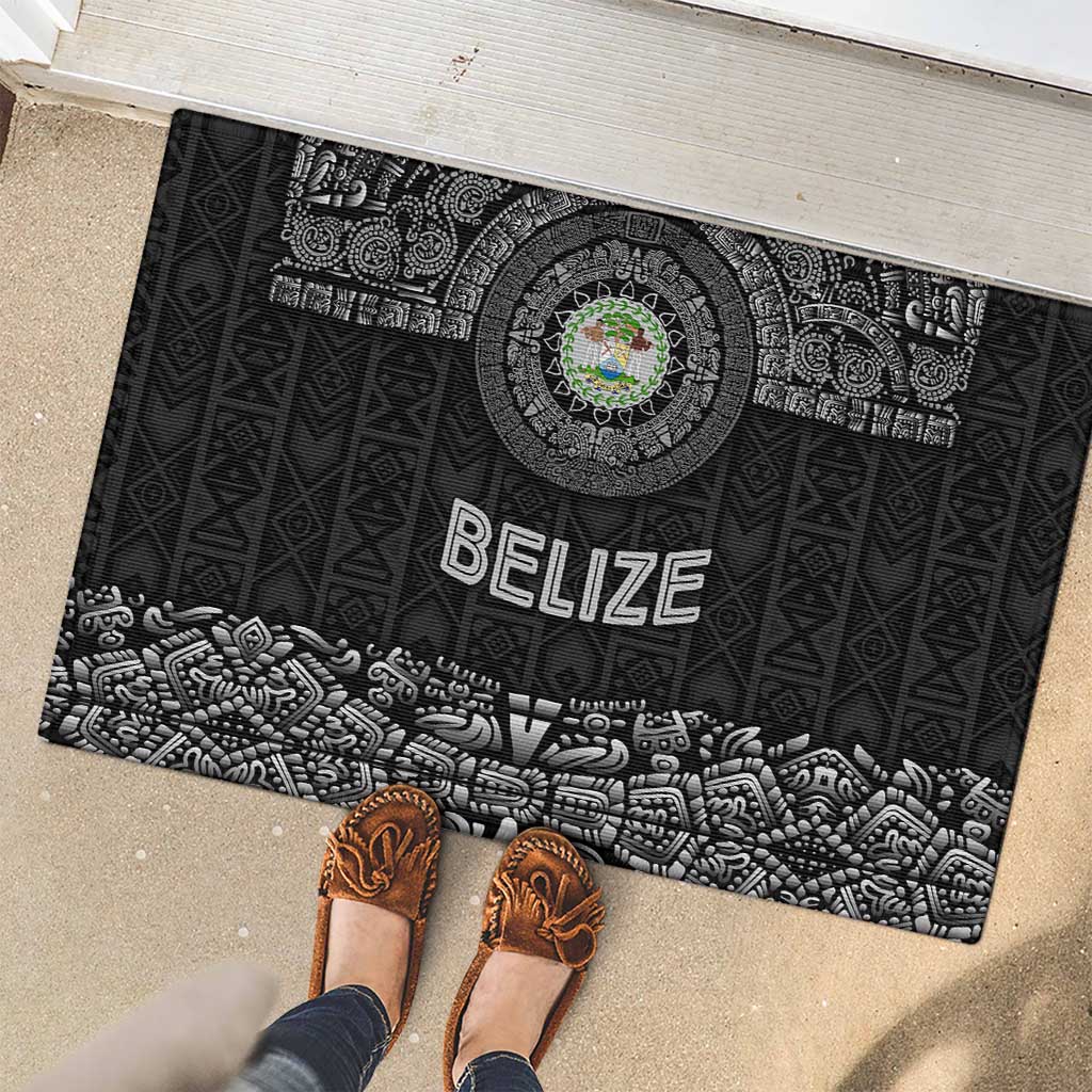Belize Tribal Pattern Rubber Doormat with National Emblem and Mayan Pyramid Design