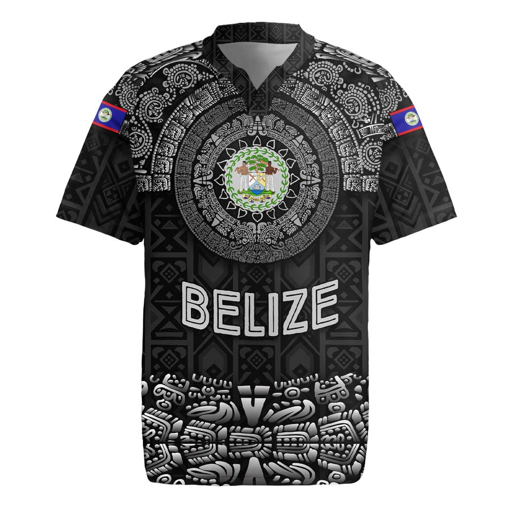 Belize Tribal Pattern Rugby Jersey with National Emblem and Mayan Pyramid Design