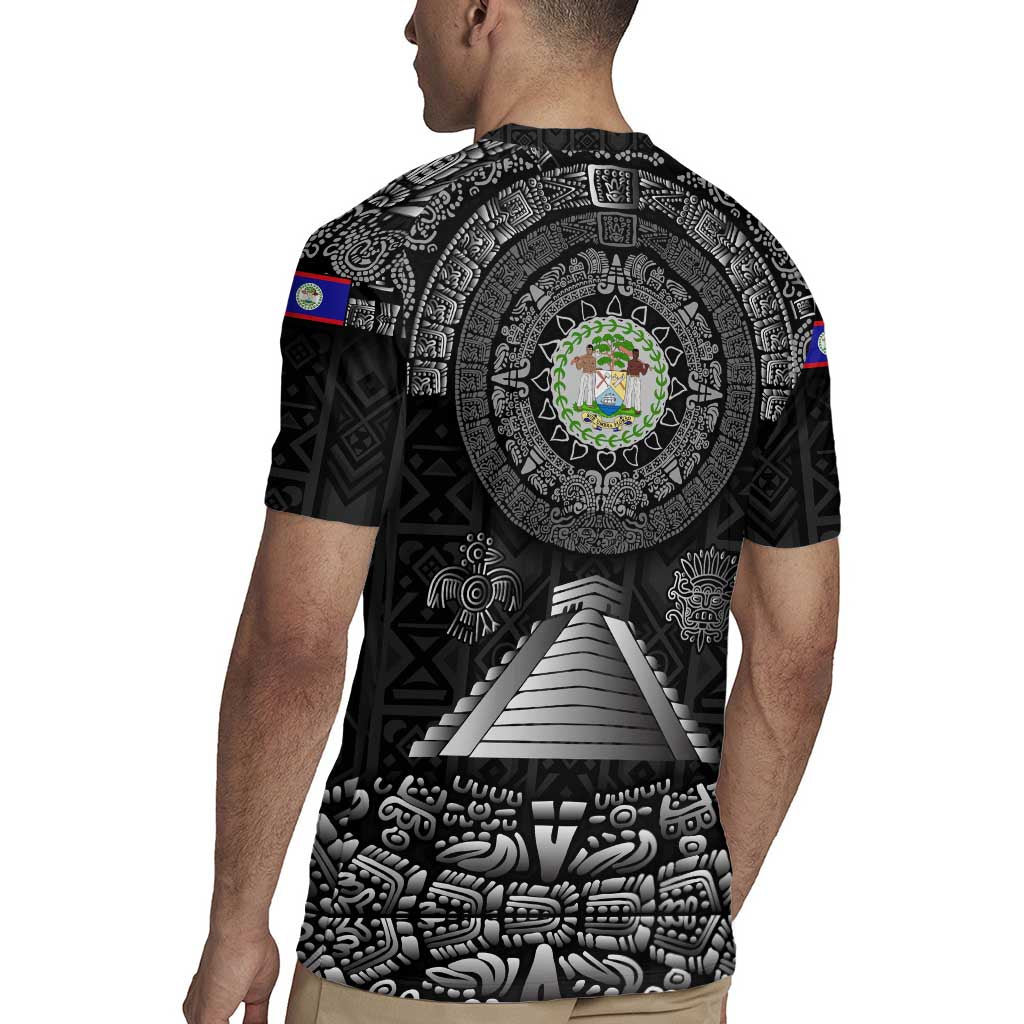 Belize Tribal Pattern Rugby Jersey with National Emblem and Mayan Pyramid Design