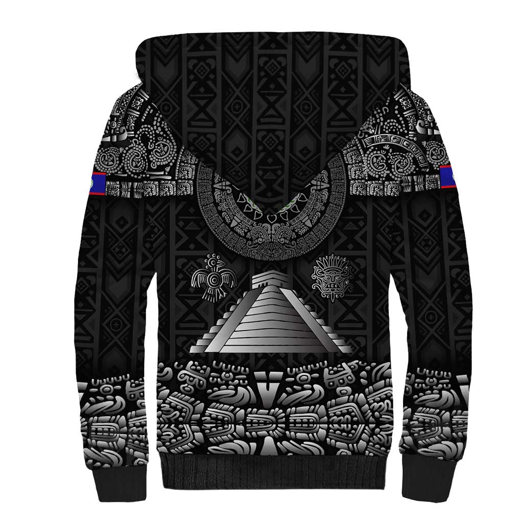 Belize Tribal Pattern Sherpa Hoodie with National Emblem and Mayan Pyramid Design