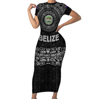 Belize Tribal Pattern Short Sleeve Bodycon Dress with National Emblem and Mayan Pyramid Design