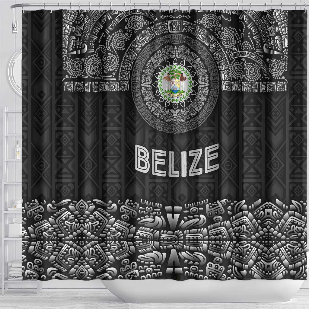 Belize Tribal Pattern Shower Curtain with National Emblem and Mayan Pyramid Design