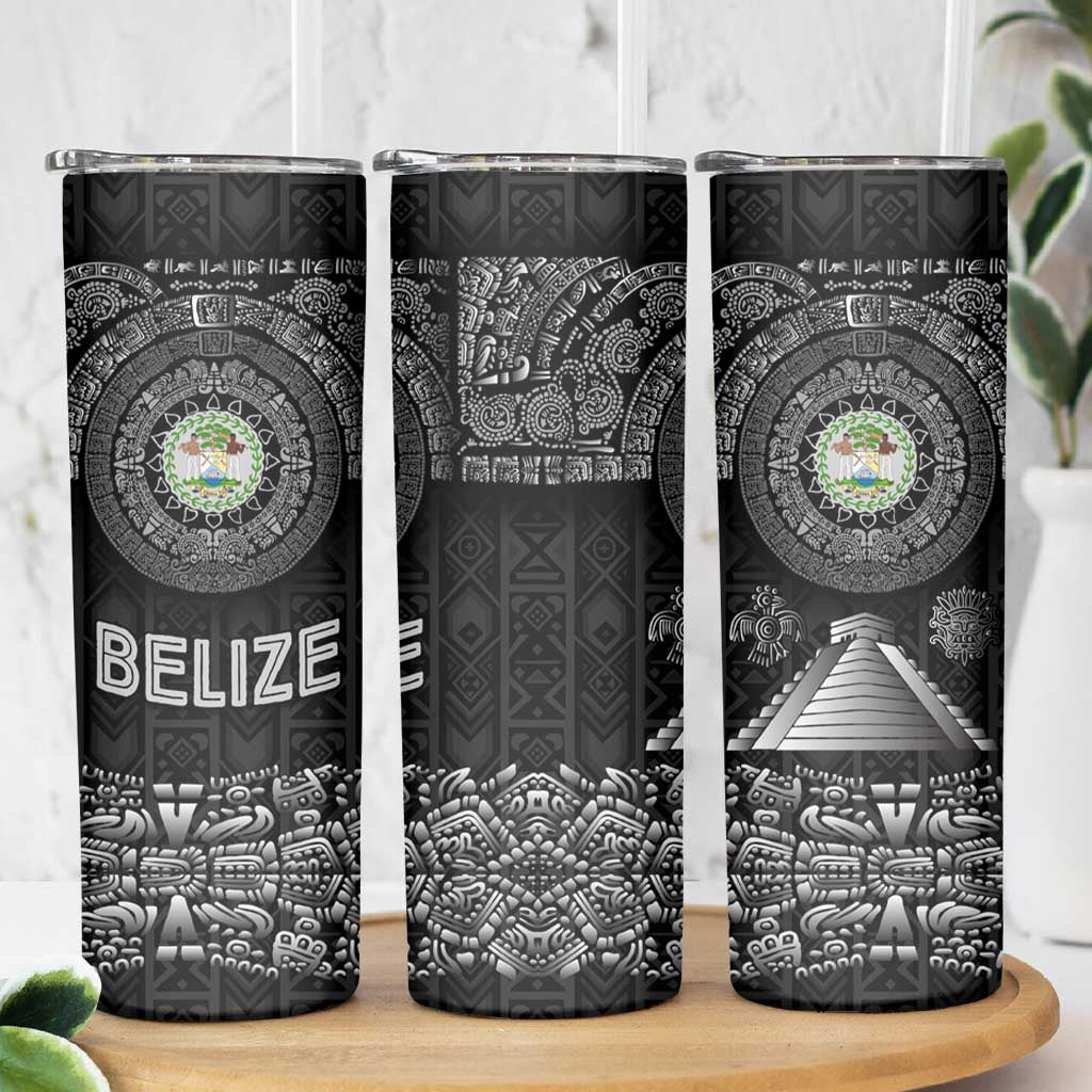 Belize Tribal Pattern Skinny Tumbler with National Emblem and Mayan Pyramid Design