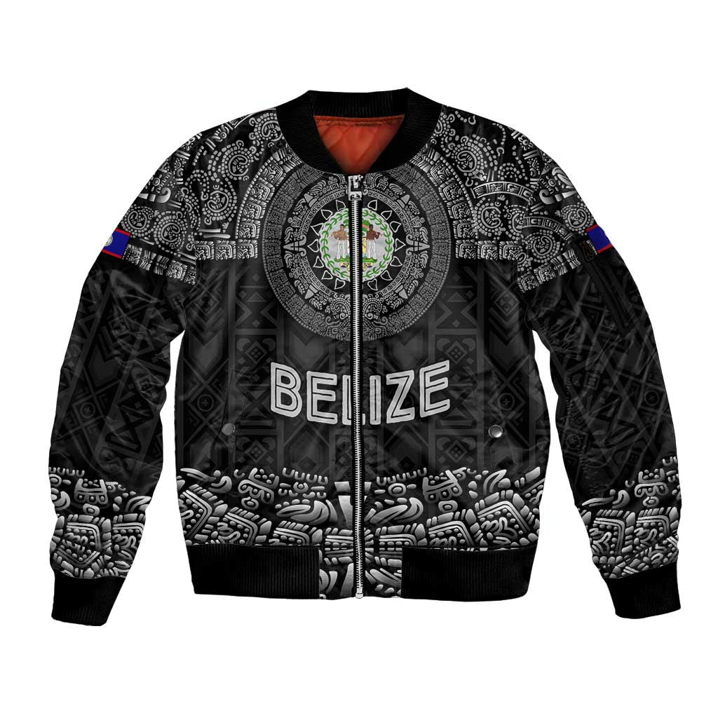 Belize Tribal Pattern Sleeve Zip Bomber Jacket with National Emblem and Mayan Pyramid Design