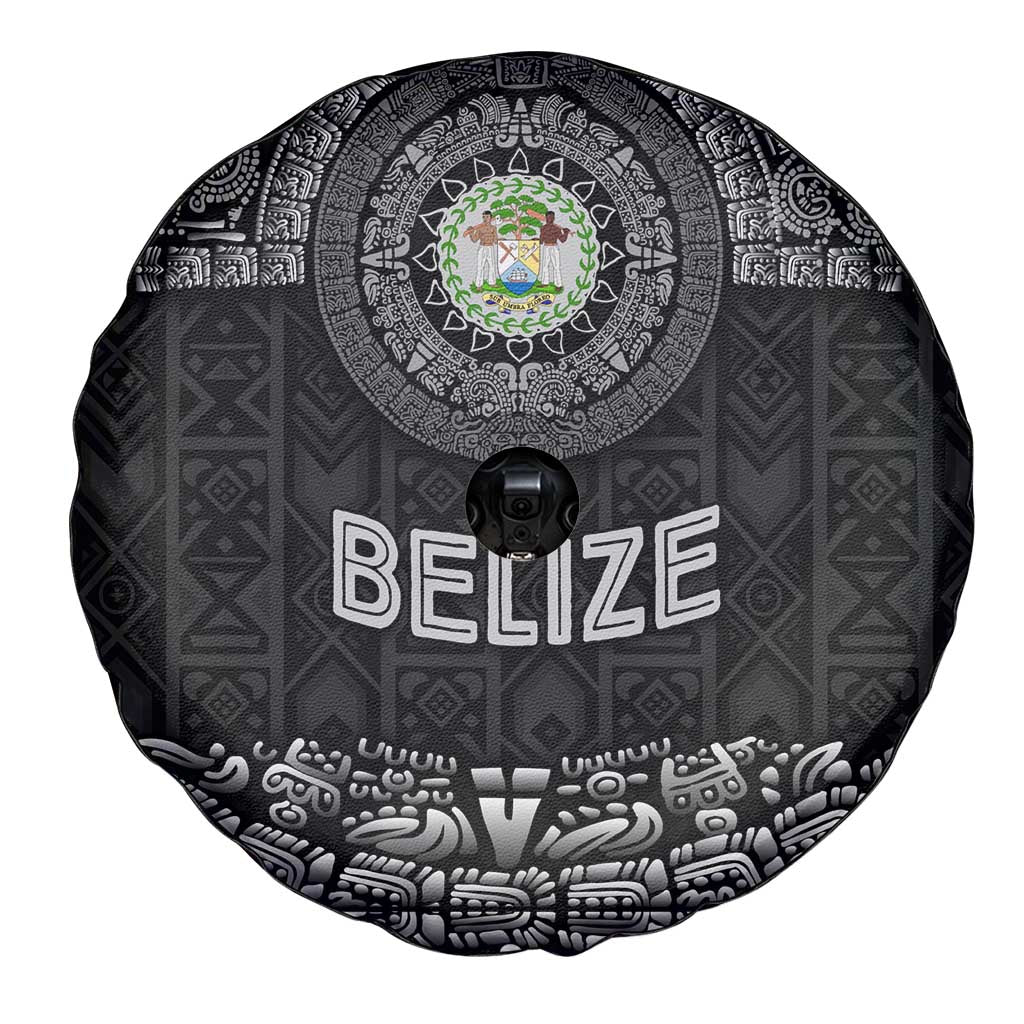 Belize Tribal Pattern Spare Tire Cover with National Emblem and Mayan Pyramid Design
