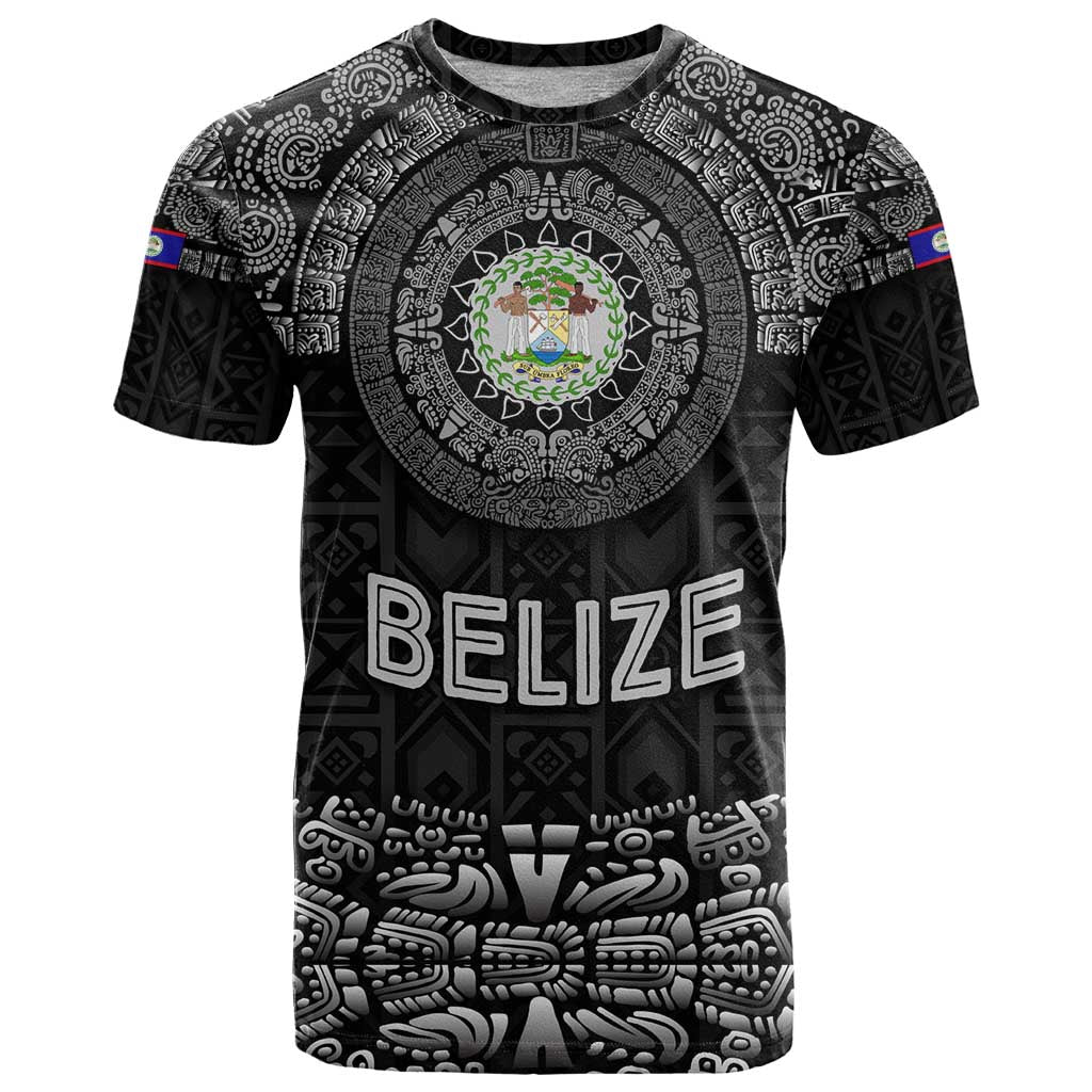Belize Tribal Pattern T Shirt with National Emblem and Mayan Pyramid Design