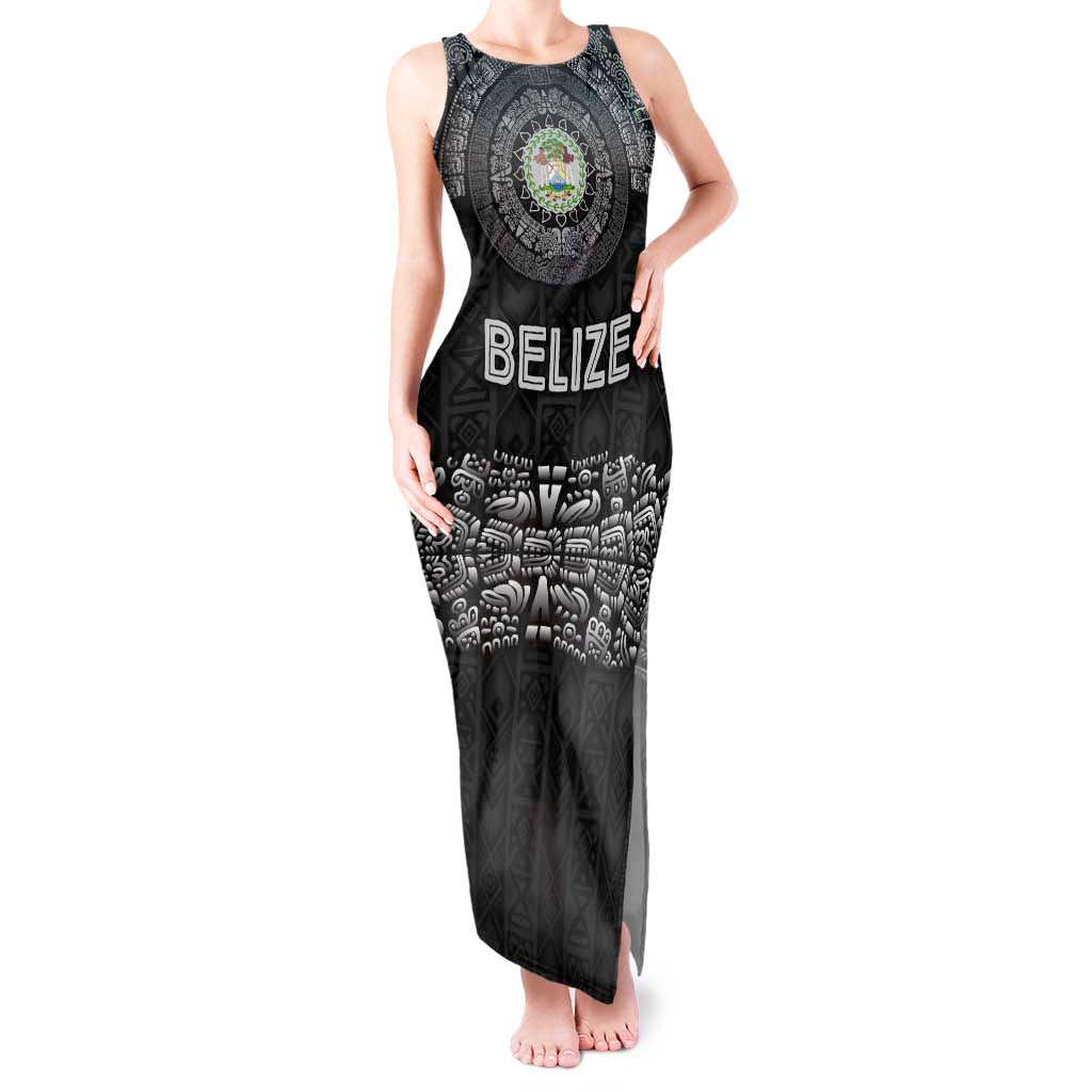Belize Tribal Pattern Tank Maxi Dress with National Emblem and Mayan Pyramid Design