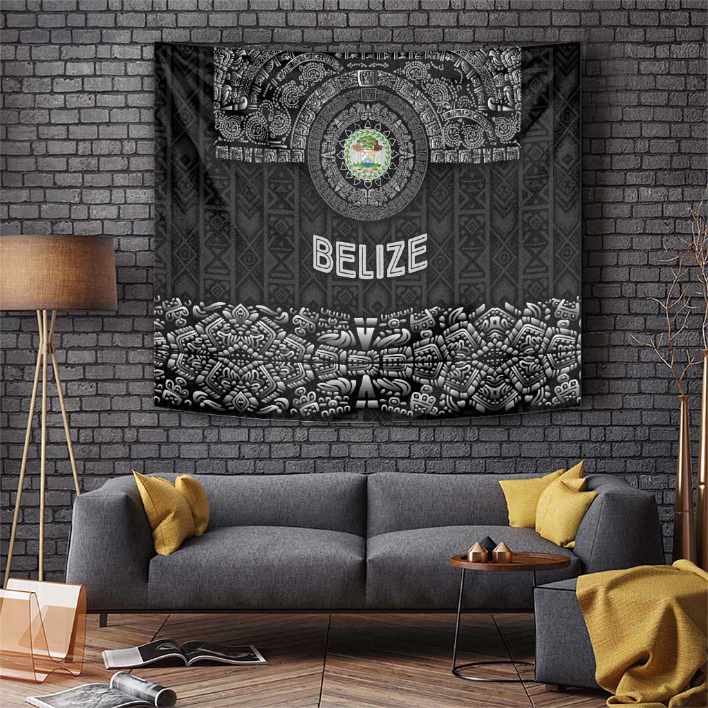 Belize Tribal Pattern Tapestry with National Emblem and Mayan Pyramid Design