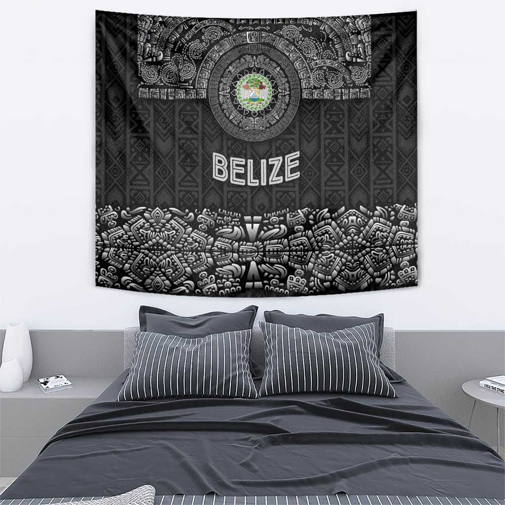 Belize Tribal Pattern Tapestry with National Emblem and Mayan Pyramid Design