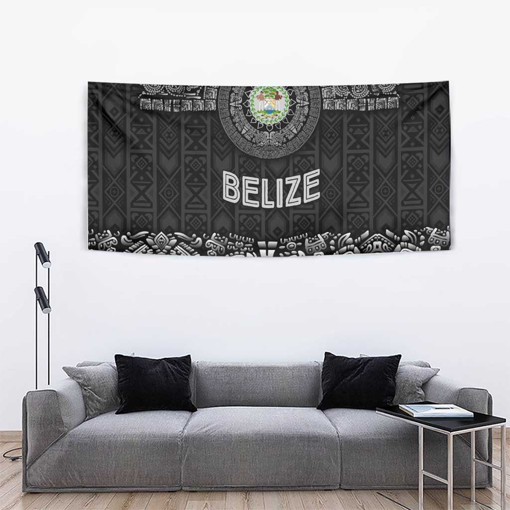 Belize Tribal Pattern Tapestry with National Emblem and Mayan Pyramid Design