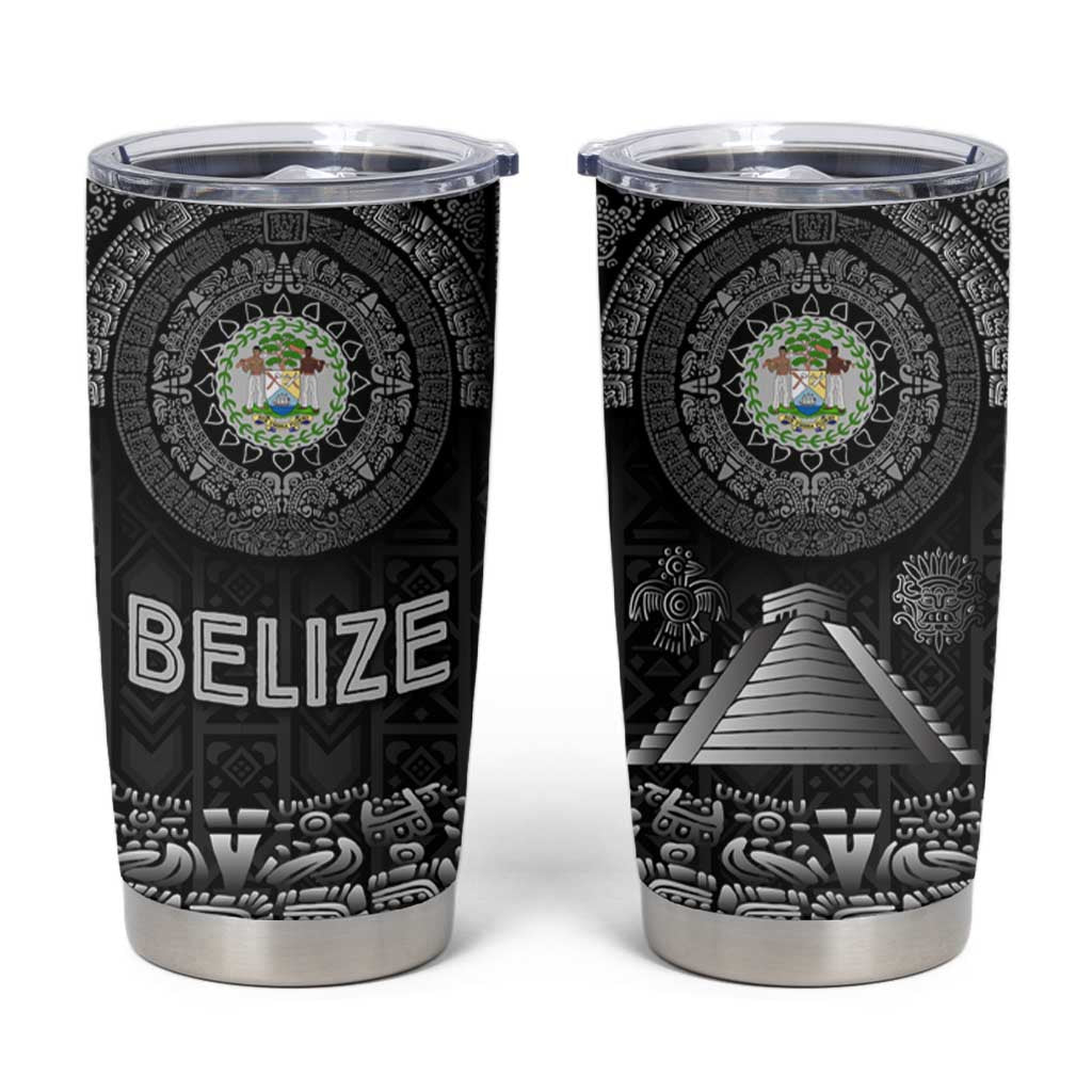 Belize Tribal Pattern Tumbler Cup with National Emblem and Mayan Pyramid Design
