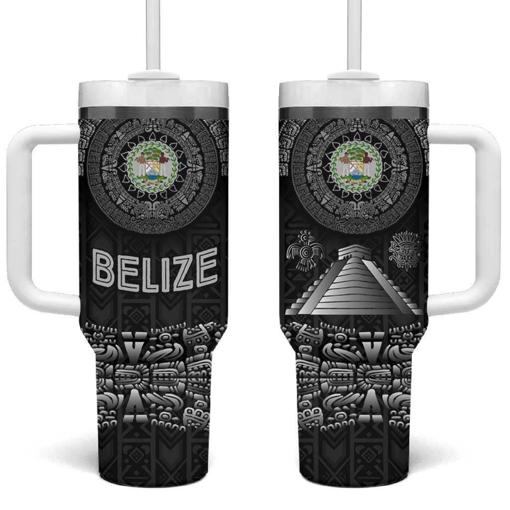 Belize Tribal Pattern Tumbler With Handle with National Emblem and Mayan Pyramid Design