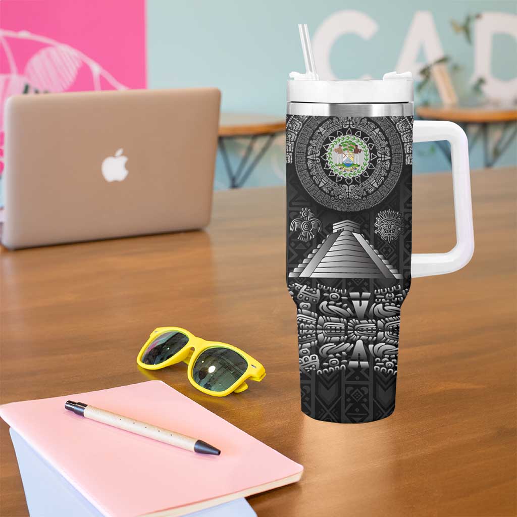 Belize Tribal Pattern Tumbler With Handle with National Emblem and Mayan Pyramid Design