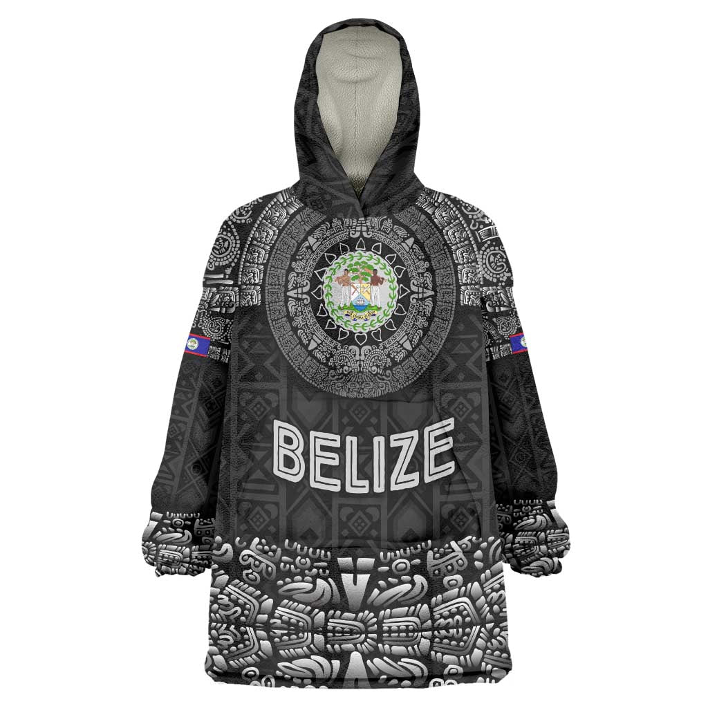 Belize Tribal Pattern Wearable Blanket Hoodie with National Emblem and Mayan Pyramid Design