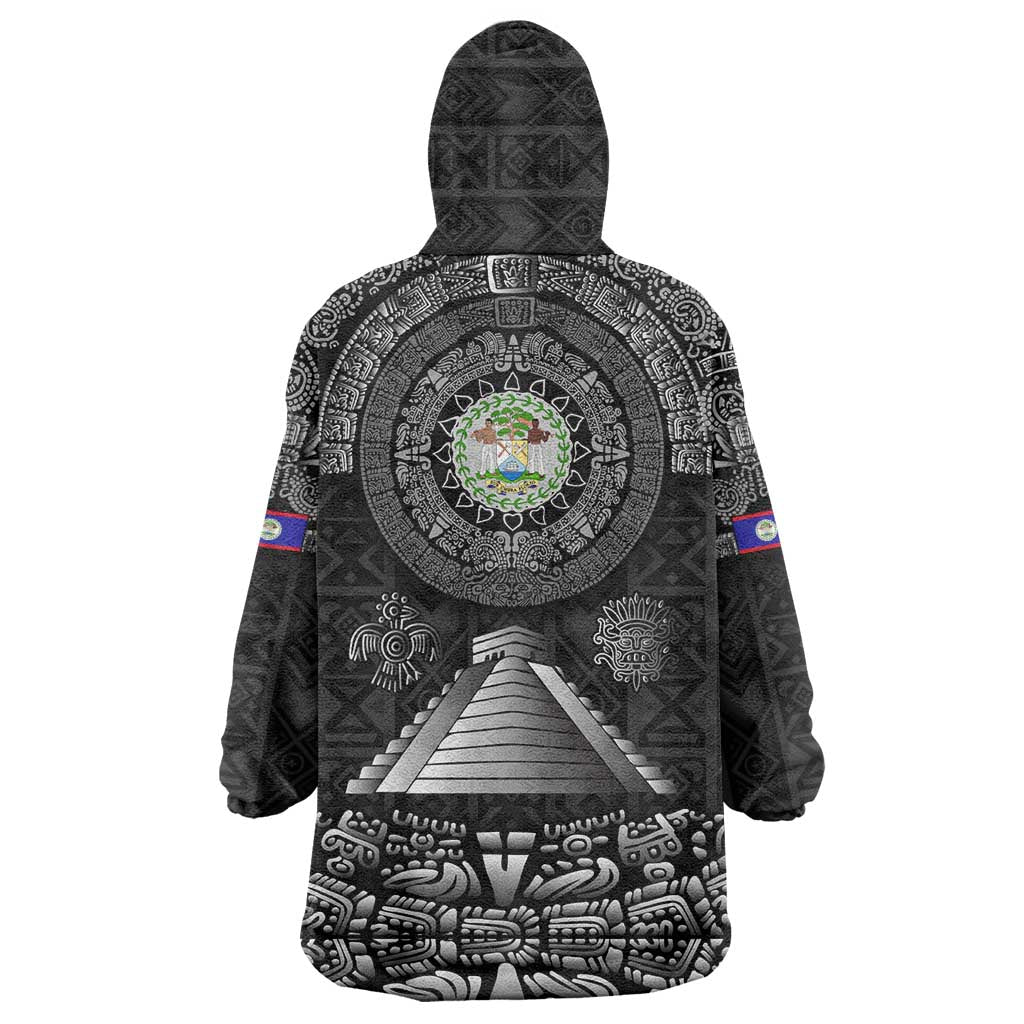 Belize Tribal Pattern Wearable Blanket Hoodie with National Emblem and Mayan Pyramid Design