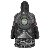 Belize Tribal Pattern Wearable Blanket Hoodie with National Emblem and Mayan Pyramid Design