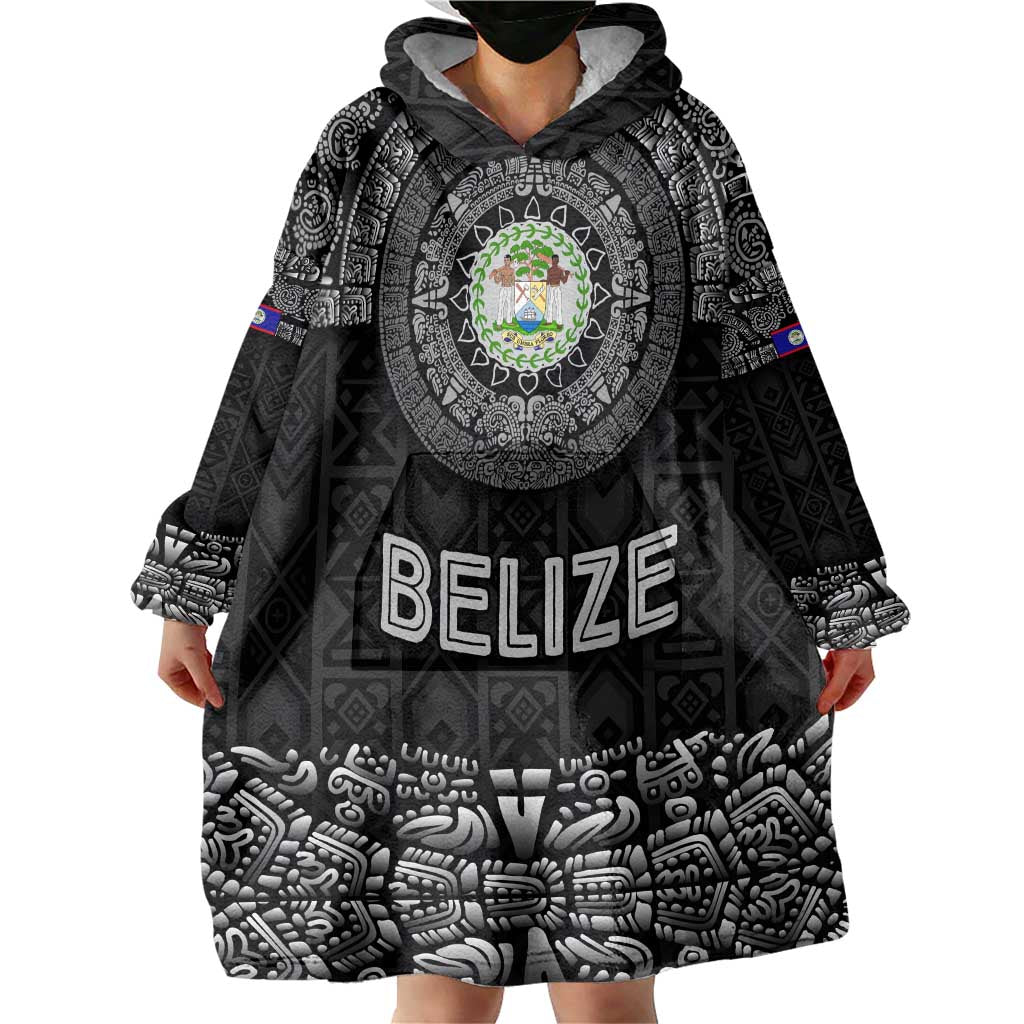 Belize Tribal Pattern Wearable Blanket Hoodie with National Emblem and Mayan Pyramid Design