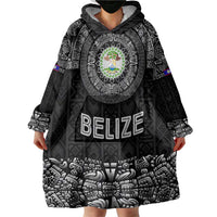 Belize Tribal Pattern Wearable Blanket Hoodie with National Emblem and Mayan Pyramid Design