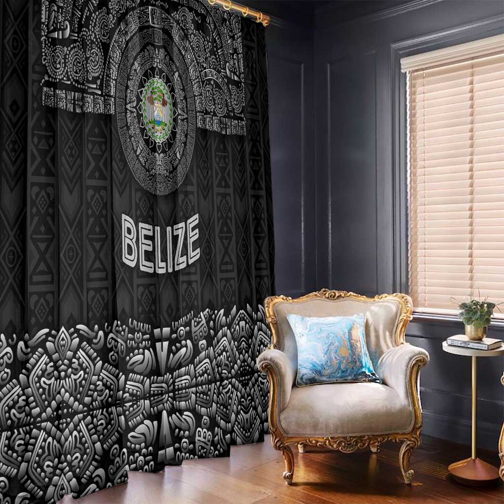 Belize Tribal Pattern Window Curtain with National Emblem and Mayan Pyramid Design