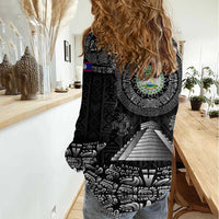 Belize Tribal Pattern Women Casual Shirt with National Emblem and Mayan Pyramid Design