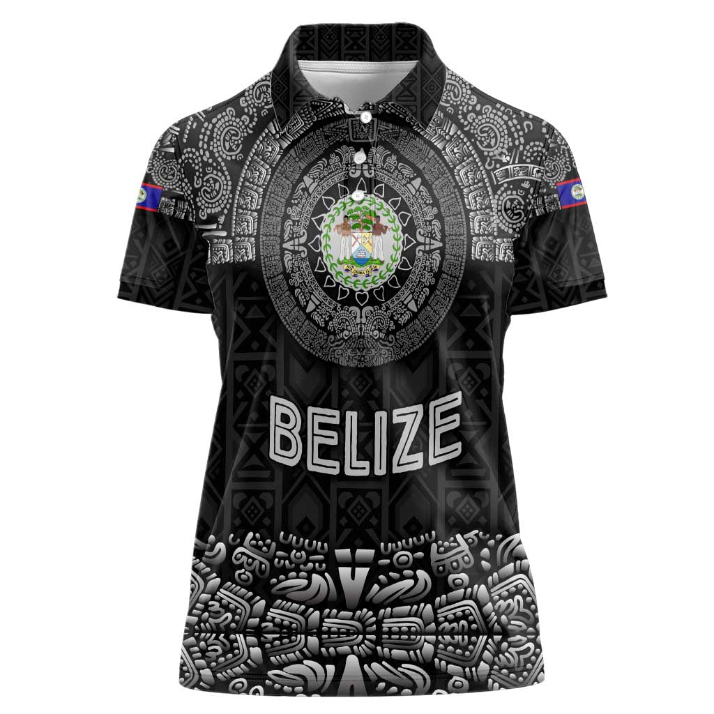 Belize Tribal Pattern Women Polo Shirt with National Emblem and Mayan Pyramid Design