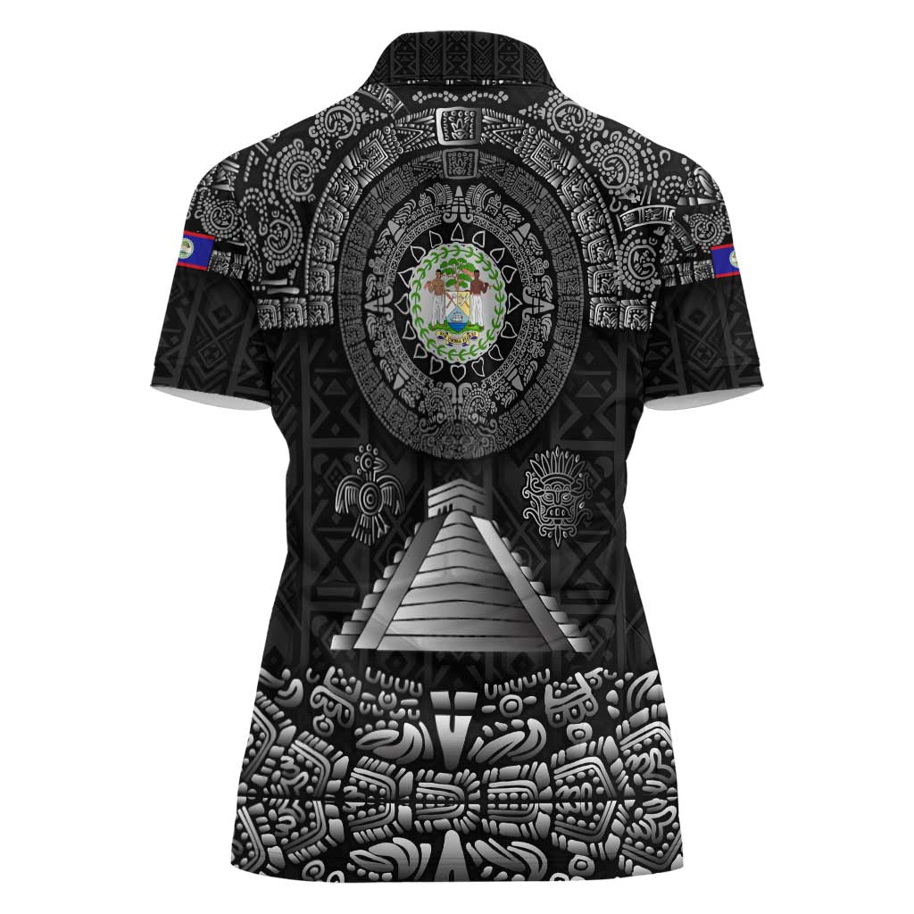 Belize Tribal Pattern Women Polo Shirt with National Emblem and Mayan Pyramid Design