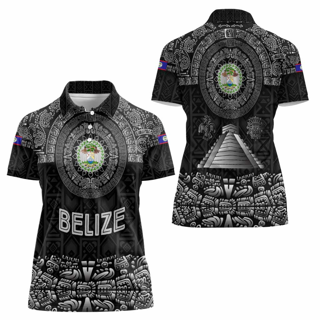 Belize Tribal Pattern Women Polo Shirt with National Emblem and Mayan Pyramid Design